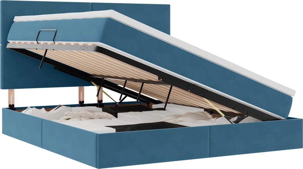 vidaXL Ágy tárolóval és matraccal Sötét kék 160 x 200 cm Bársony