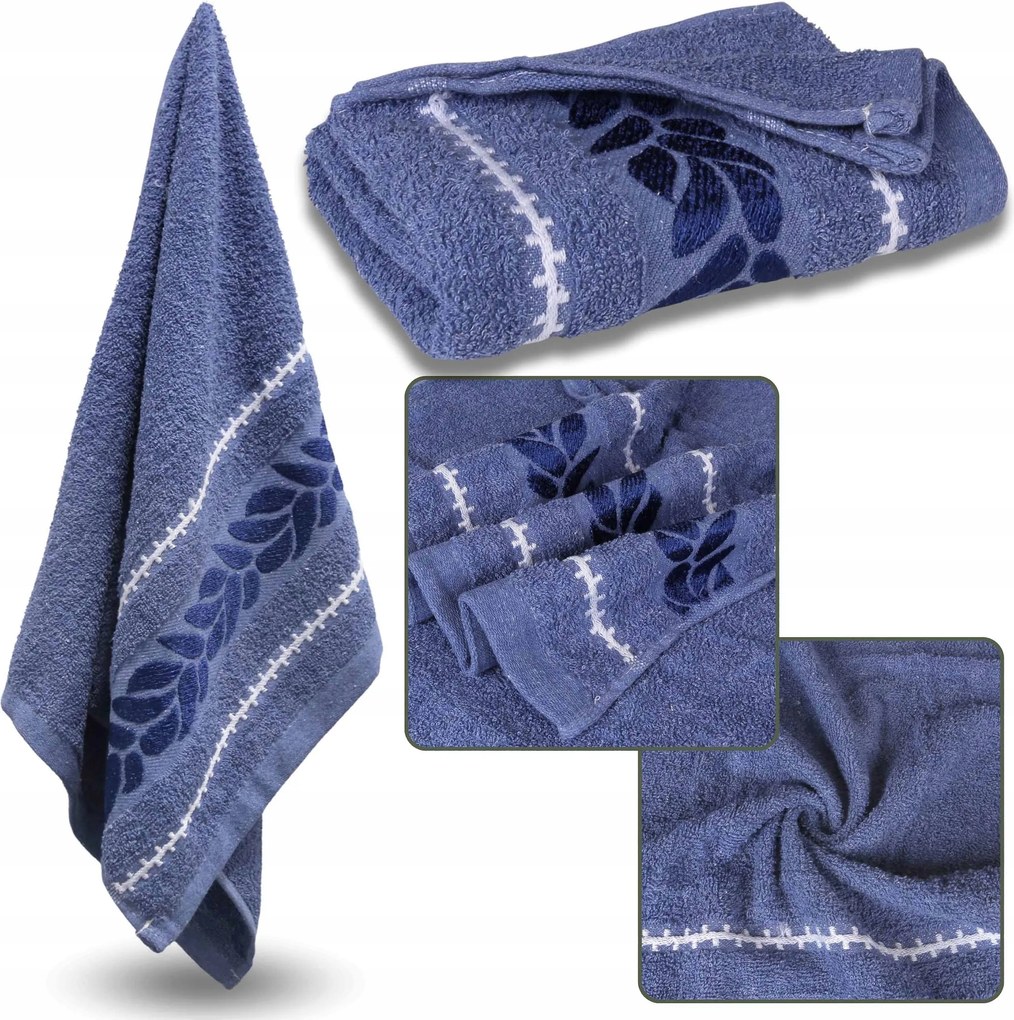 Kék hímzett pamut törölköző, fürdőlepedő levelek 70x135cm x1