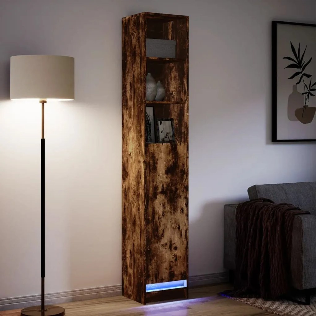 Füstös tölgy szerelt fa tálalószekrény LED-del 36x32,5x200 cm