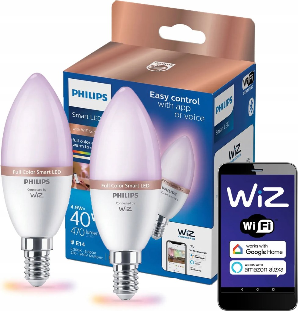 2x Led izzó E14 4.9W Rgb Intelligens Smart WiFi WiZ alkalmazás Philips