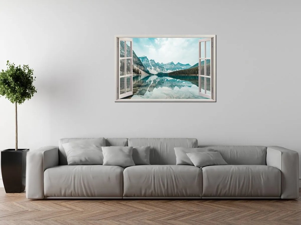 Gario Vászonkép Nyitott ablak Türkizkék tó Méret: 90 x 60 cm