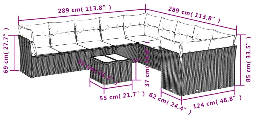 11 részes világosszürke polyrattan kerti ülőgarnitúra párnákkal