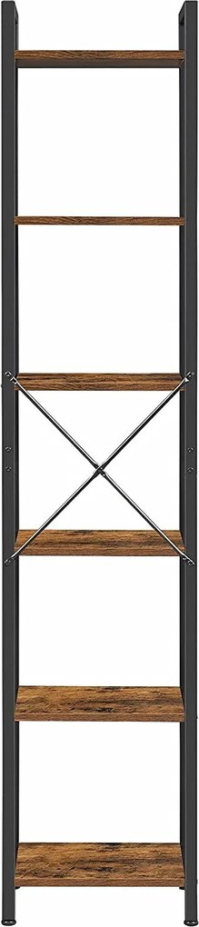 6 szintes könyvespolc, nyitott polcok, álló polc, 40 x 30 x 187,5 cm, rusztikus barna és fekete
