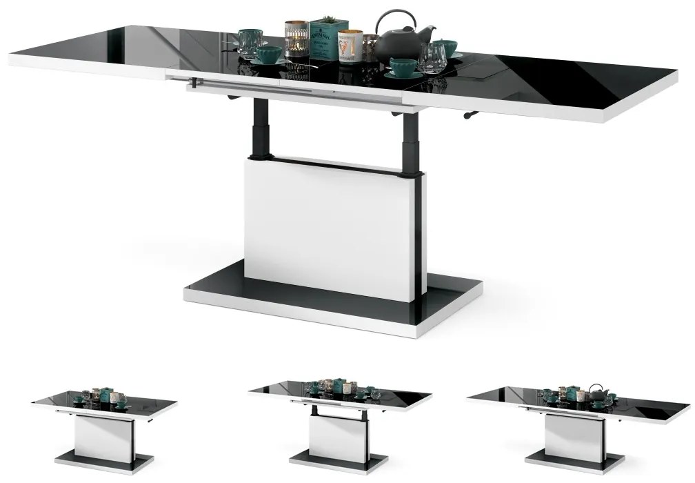 Mazzoni ASTON Fekete Fényes/Fehér Matt - MODERN DOHÁNYZÓASZTAL NYITHATÓ/MAGASÍTHATÓ ÉTKEZŐASZTAL ÉS DOHÁNYZÓASZTAL EGYBEN