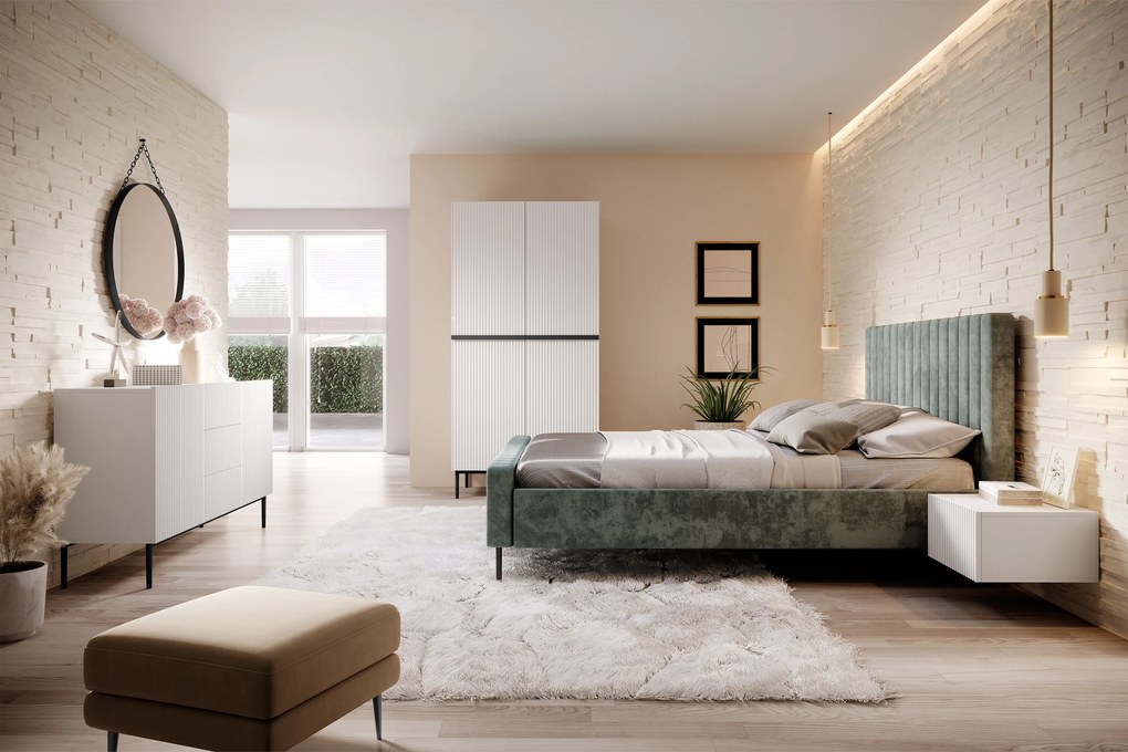 Nicole komód 150 cm fiókos, mart fehér, bordázott előlap - fekete lábak