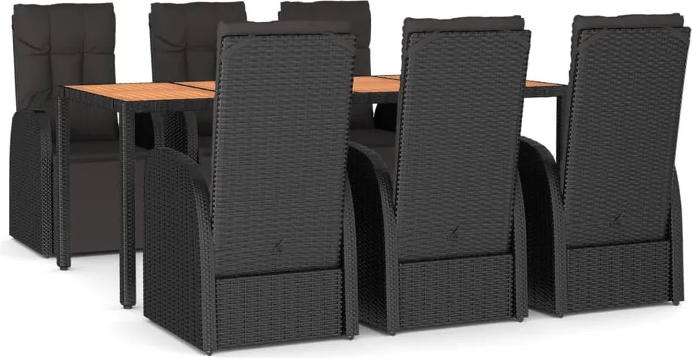 vidaXL 7 részes fekete polirattan és tömör akác kerti étkezőgarnitúra