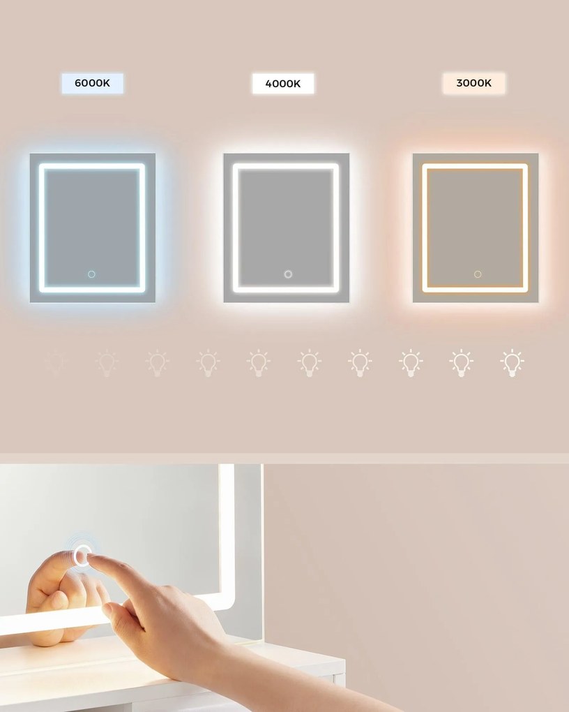 Fésülködőasztal LED-es tükörrel és elosztóval, fehér