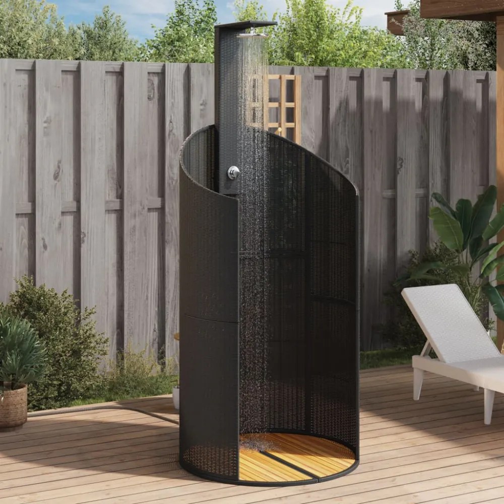 fekete polyrattan és akácfa kültéri zuhanyzó 100x100x241,5 cm
