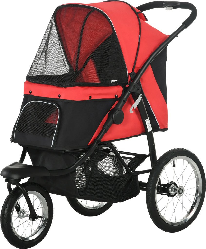 PawHut Összecsukható Kutyakocsi - Kutyák és Macskák Részére, Maximum 20 kg Teherbírással, Minden Terepen Használható Gumi Kerekekkel, Párnázott Hálóab