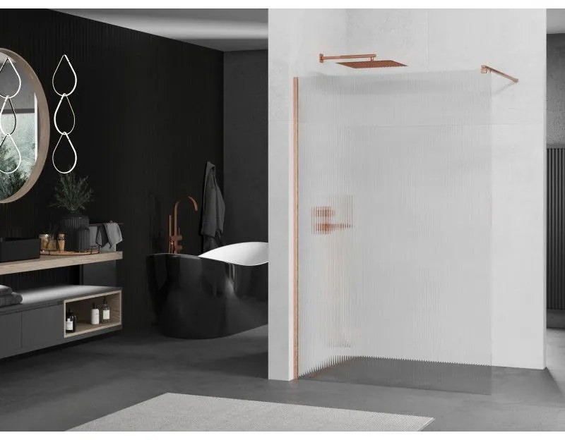 Mexen Kioto, Walk-In zuhanyparaván 90 x 200 cm, 8 mm-es üveg bordás mintával, réz matt profil, 800-090-101-65-09