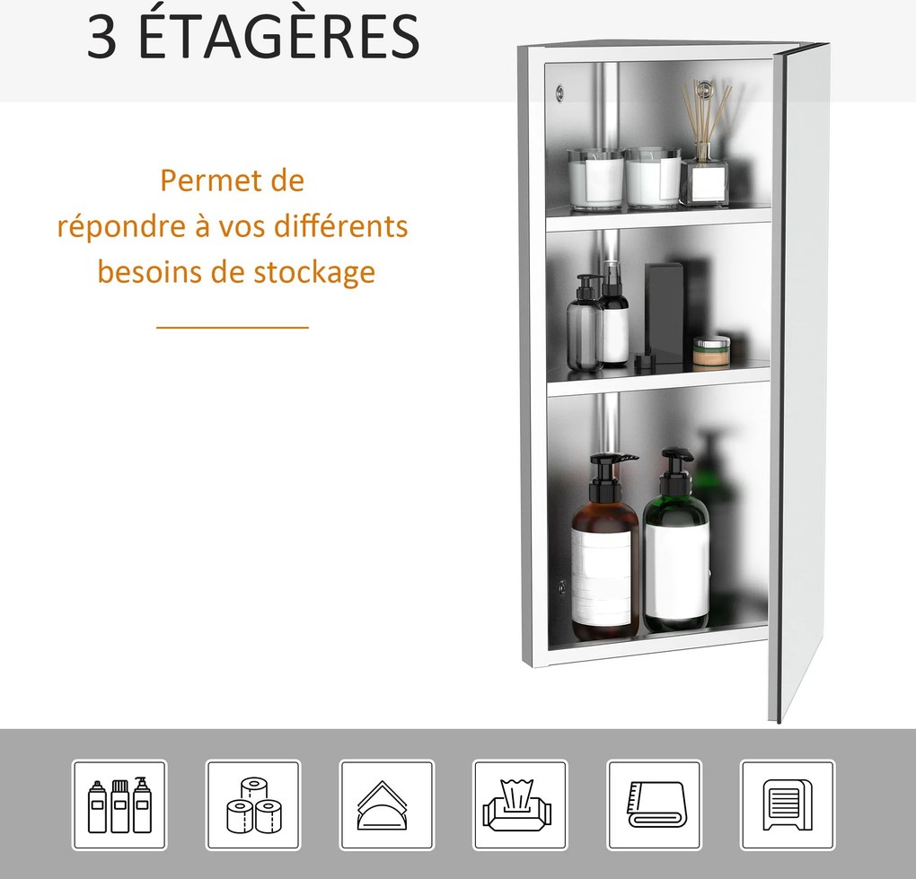 HOMCOM Fali Tükrös Szekrény Sarok WC Szekrény 2 Polccal, dim. 30W x 18,4D x 60H cm Rozsdamentes Acél. | Aosom