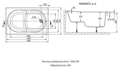 Wivea 75x130 egyenes kád