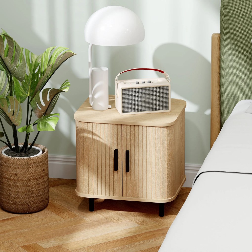 HOMCOM Éjjeliszekrény Csúszóajtókkal, 2 Polccal és Acél Lábakkal Skandináv Stílusban, 48x40x48 cm Tölgy | Aosom