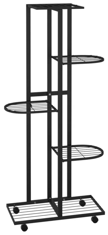 5-szintes fekete vas virágtartó állvány kerekekkel 44x23x100 cm