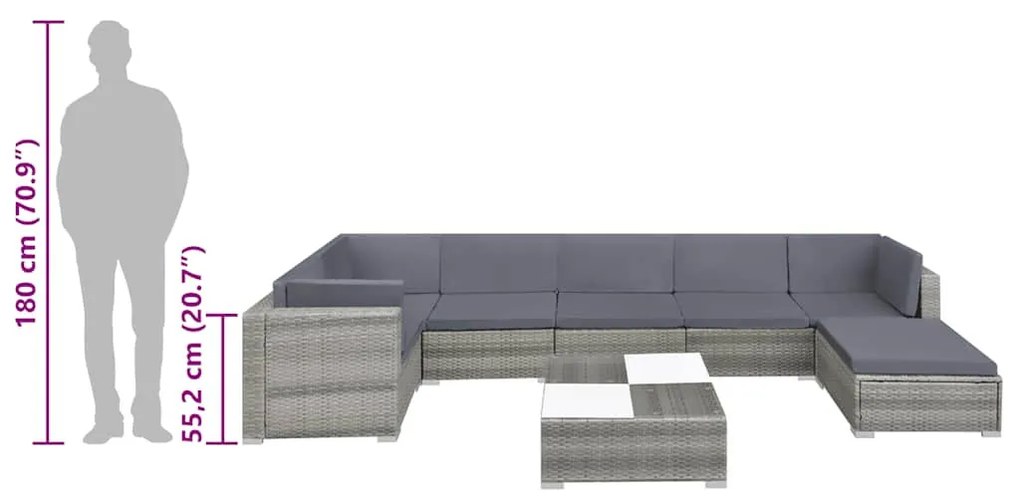 8-részes szürke polyrattan kerti bútorszett párnákkal