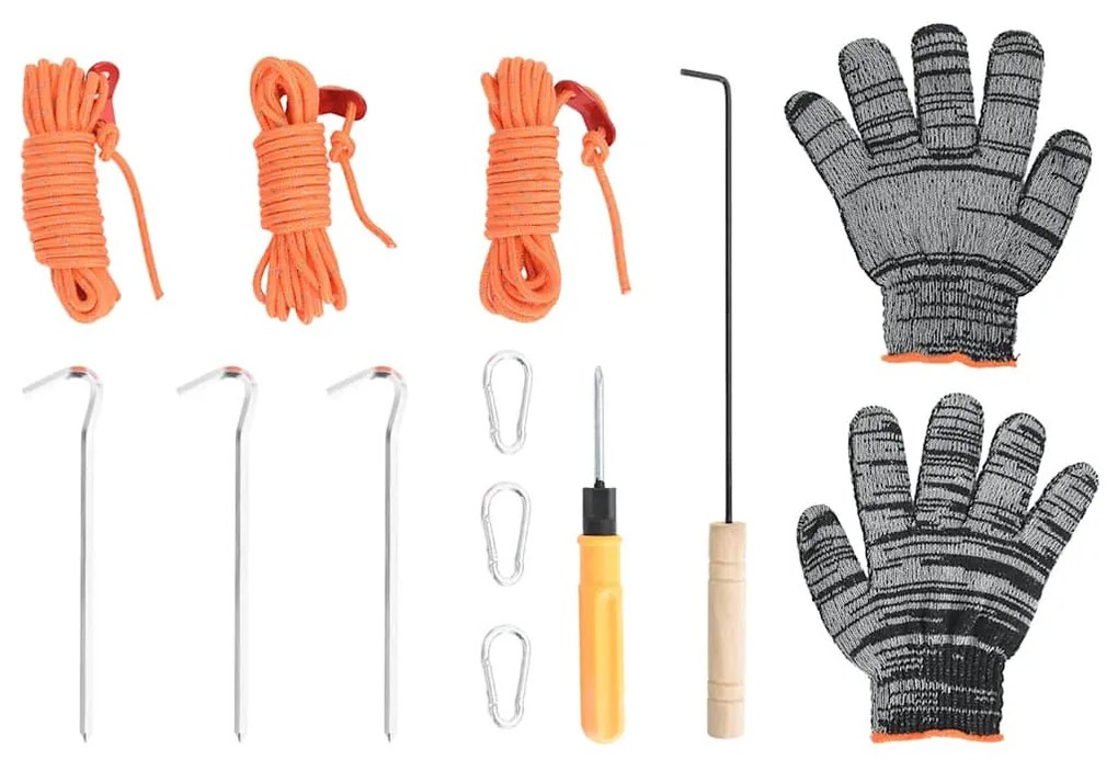 fekete acél sátorkályha kéménnyel és összecsukható lábakkal