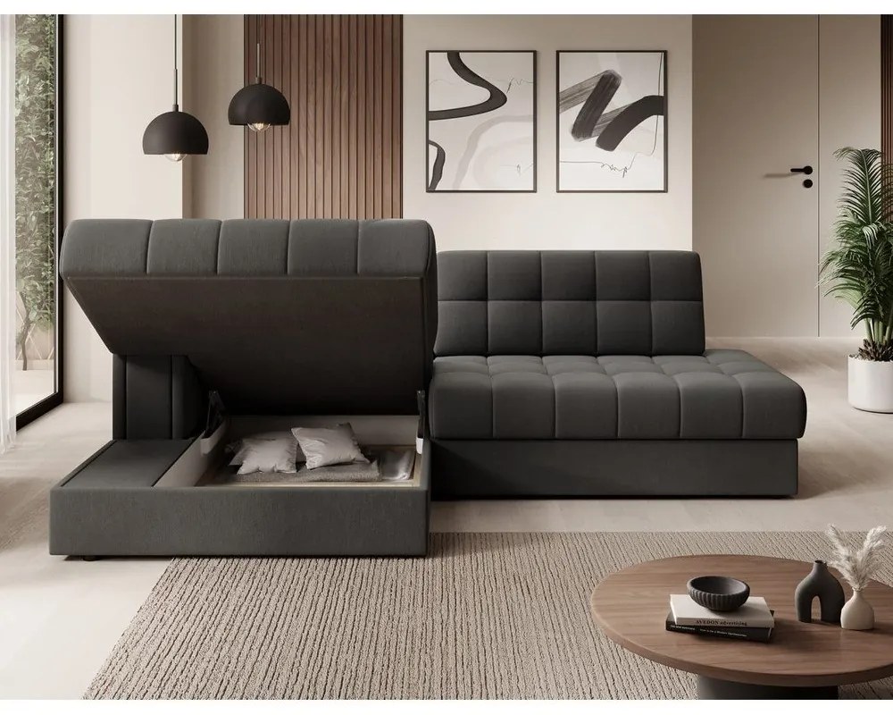 Szürkésbarna bársony kinyitható sarokkanapé (bal oldali-heverő résszel) Blezalt – ELTAP
