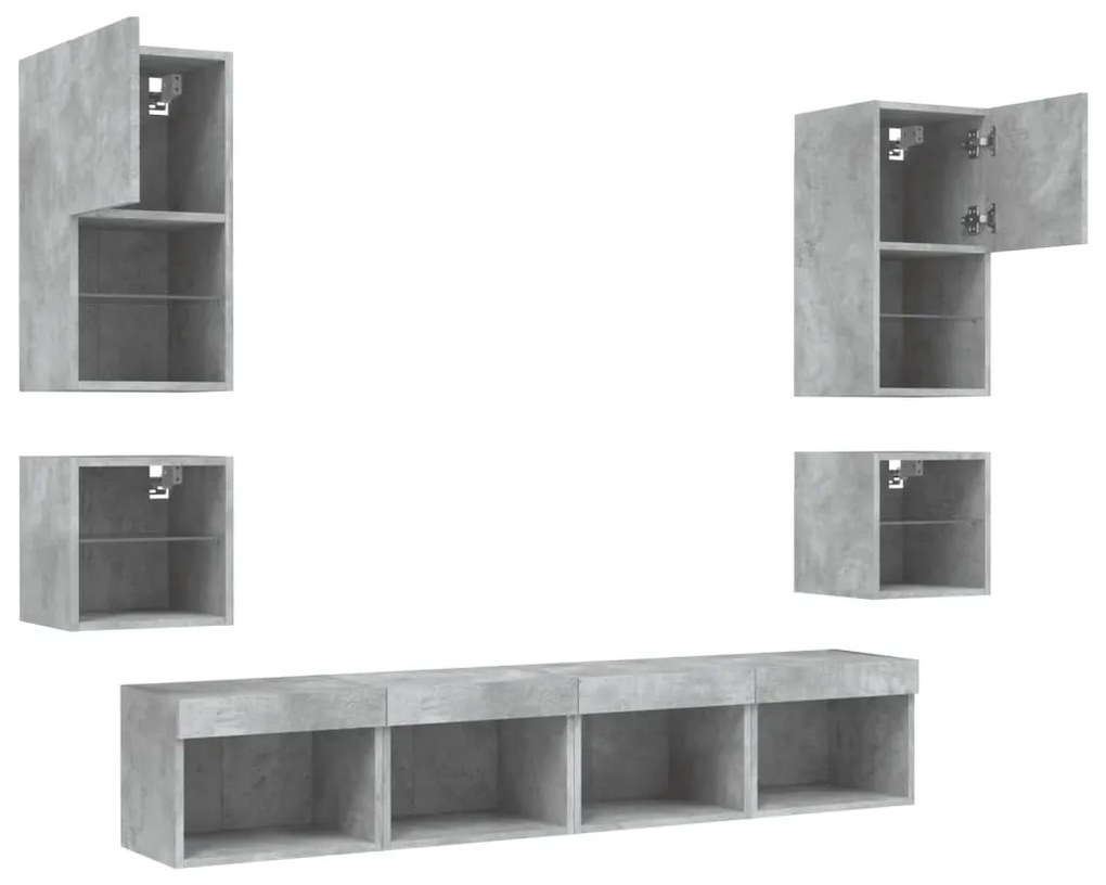 8 darab betonszürke szerelt fa fali TV-bútor LED-del