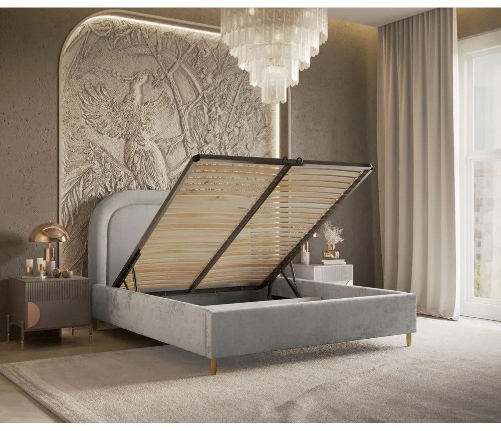 Világosszürke kárpitozott ágyneműtartós franciaágy ágyráccsal 160x200 cm Mija – Maison de Rêve