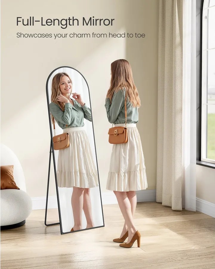 Íves állványos tükör, 150 x 40 cm, alumínium kerettel, fekete színben