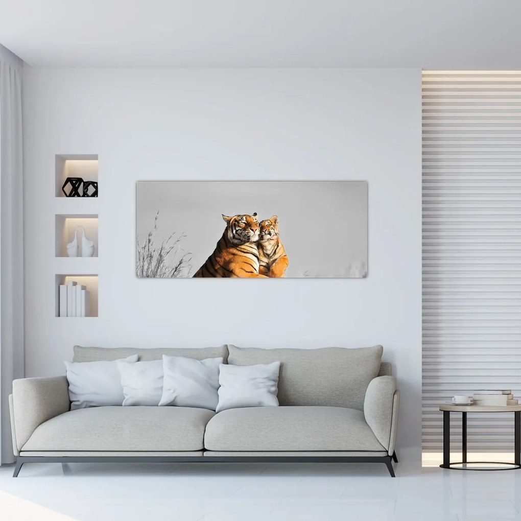 Kép - Tigris és a kölyke, fekete-fehér változat (120x50 cm)