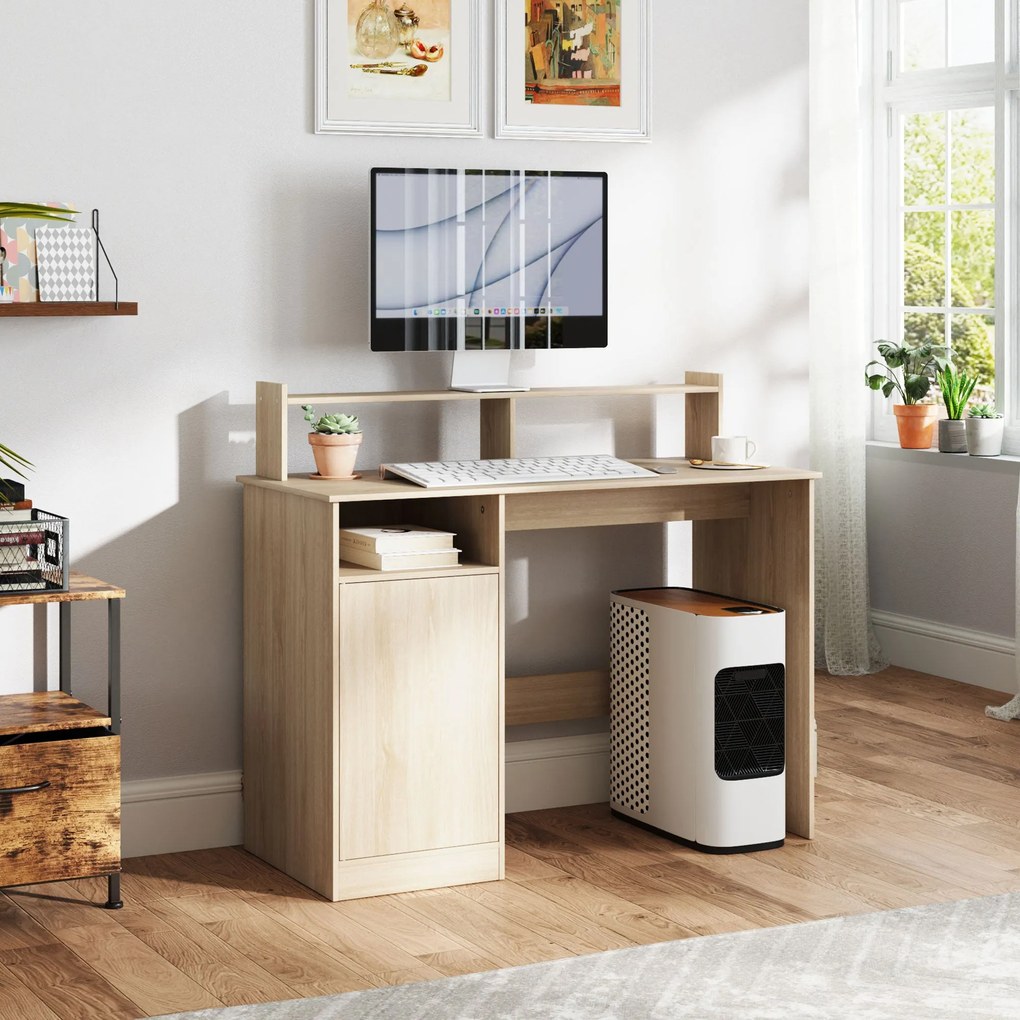 HOMCOM Modern Íróasztal Polcokkal, Nyitott Rekeszekkel és Monitor Állvánnyal Tanulóasztal Otthoni Irodához 108x50x94 cm Természetes | Aosom