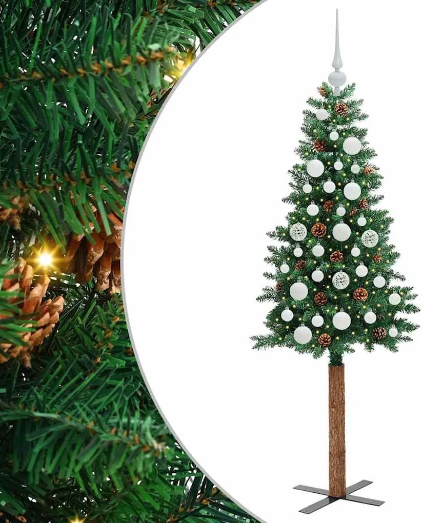 vidaXL Karcsú karácsonyfa 150 LED-del Zöld 150 cm PVC és tömör fenyőfa