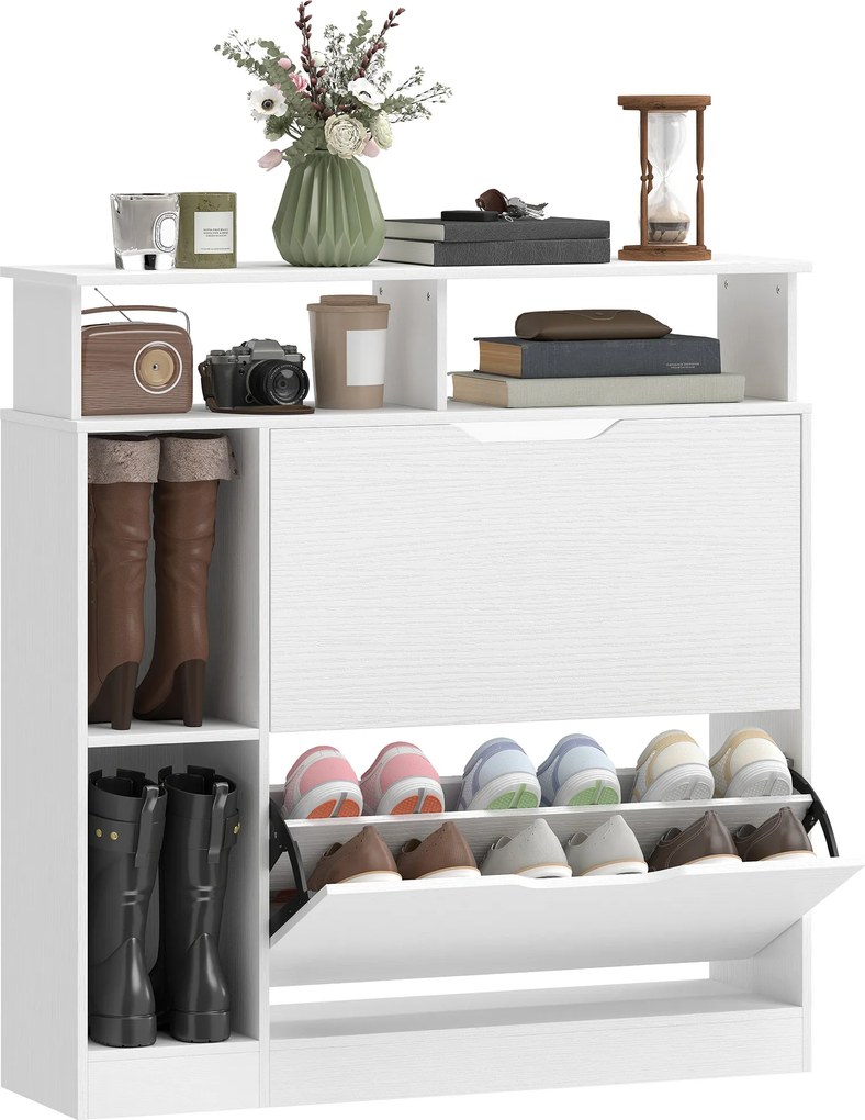 HOMCOM Narrow Shoe Cabinet with 2 Flip Drawers, Open Compartments & Adjustable Shelf, for Hallway & Entry, 35 x 9.8 x 36.2 in, White | Aosom
