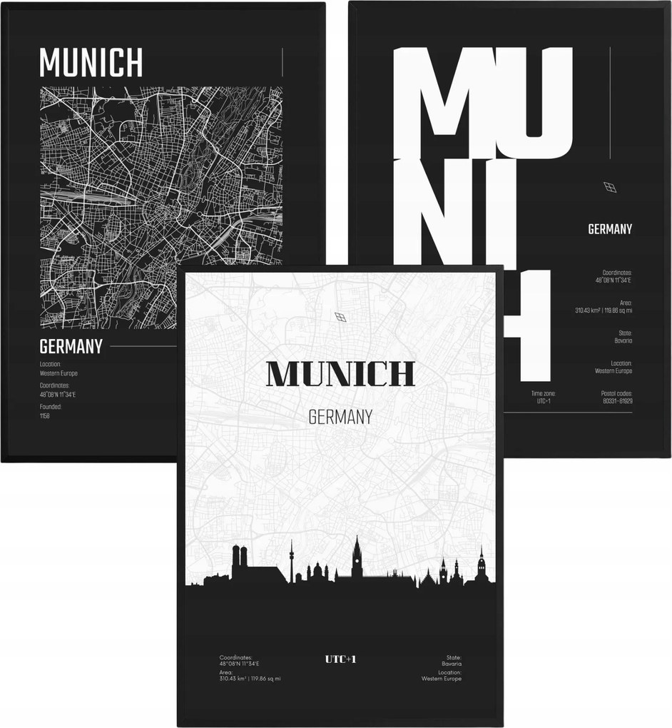 Poszter szett München Térkép Fekete-fehér Modern Loft Képek Keretben