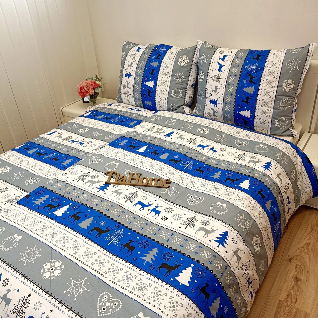 Pamut lepedők Karácsonyi kék Christmas lepedők TiaHome - 1x Párna 90x70cm, 1x Paplan 140x200cm