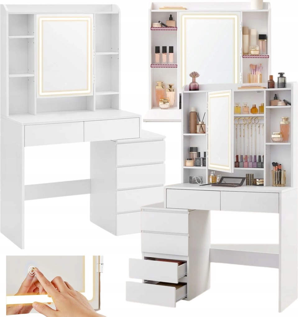 fésülködőasztal Fehér tükör fiókokkal Asztal Kozmetikai íróasztal Led komód