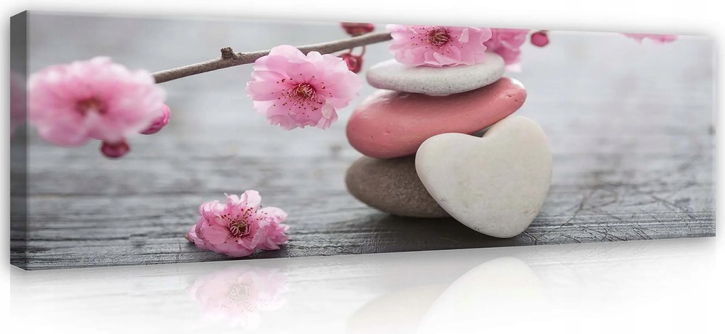 Vászonkép 145x45 Kövek Cseresznyevirágok Ág Egyensúly Nyugalom Harmónia Zen