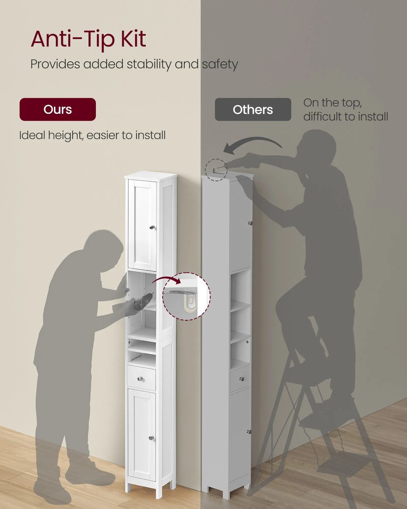 Magas fürdőszobai szekrény, keskeny, állítható polcokkal, modern, felhőfehér