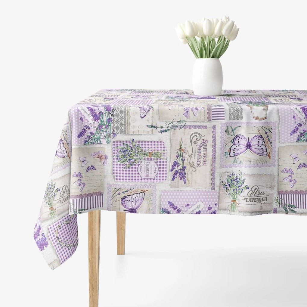 Goldea szögletes terítő 100% pamutvászon - patchwork levandula és pillangó mintás 100 x 100 cm