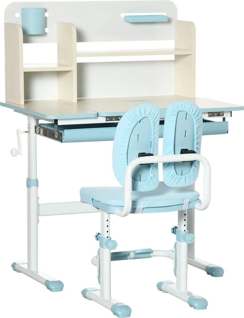 HOMCOM Gyerek Iskolai Íróasztal Székkel 3-12 Éveseknek, Állítható Magasság, Dönthető Felülettel és Párnázott Ülésekkel, Acél és MDF, Kék | Aosom
