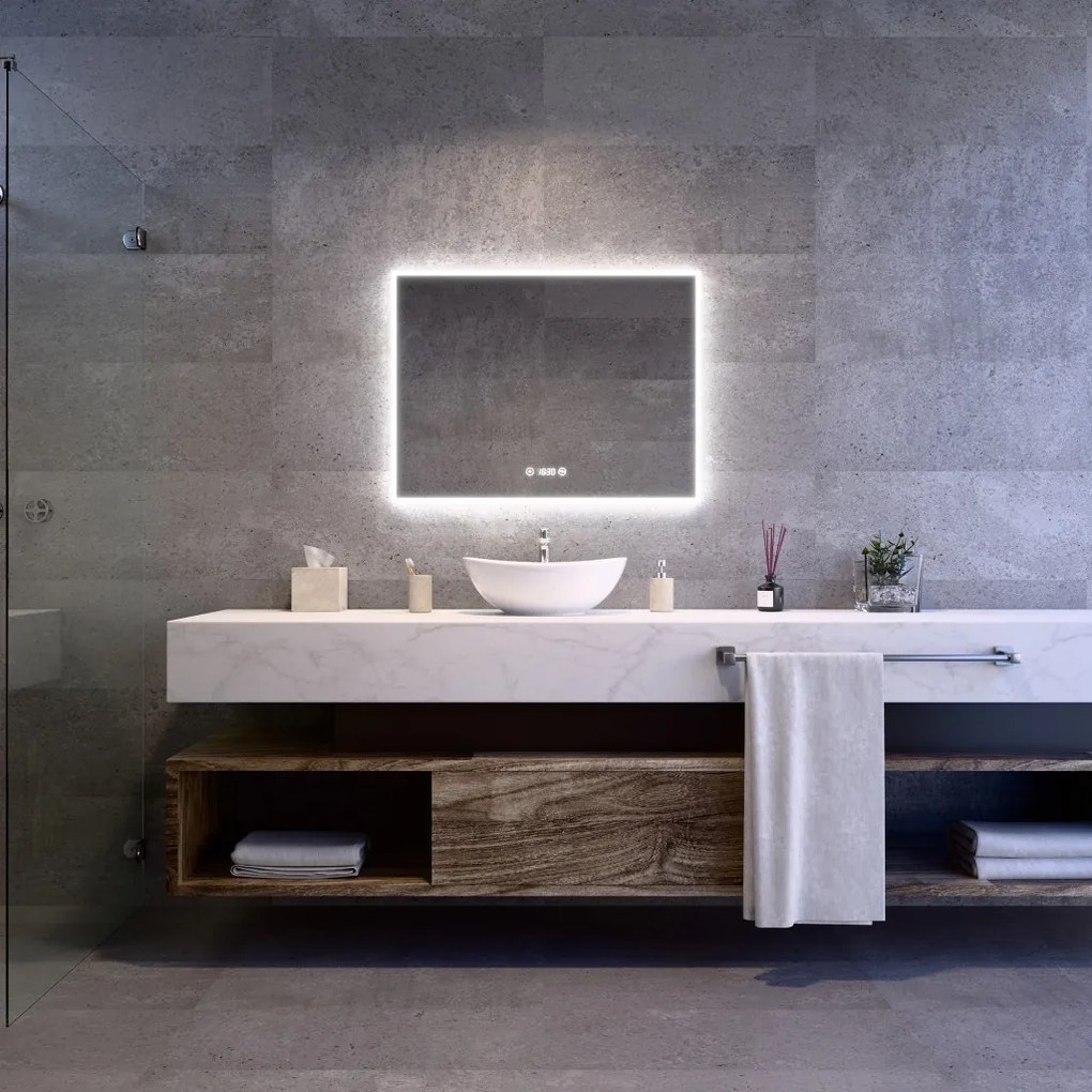 Fekvő fürdőszobai LED tükör 80x60cm | Páramentesítő funkció | Beépített óra | Fényerő és színhőmérséklet szabályozás | Welland Luxury-Line G774