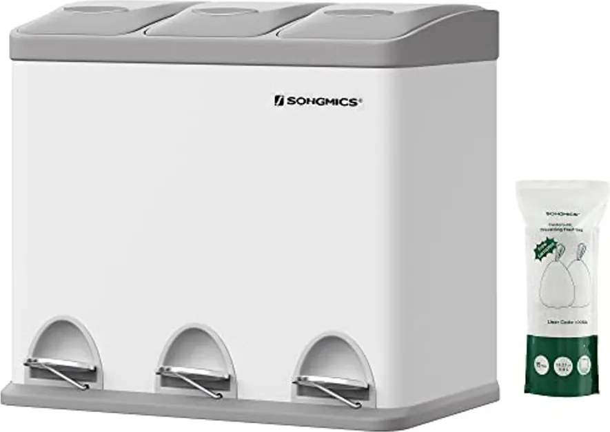 3 x 8 literes konyhai szemetes tetővel, fém pedálos, acél, könnyen tisztítható, fehér és szürke