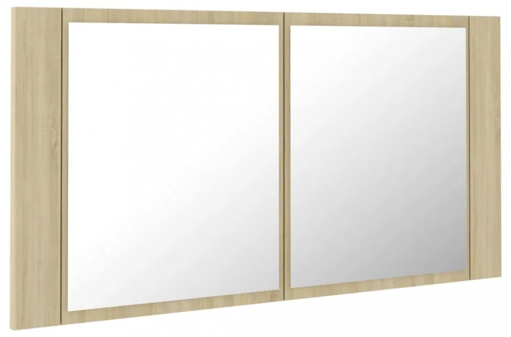 tölgyszínű akril LED-es tükrös fürdőszobaszekrény 90x12x45 cm