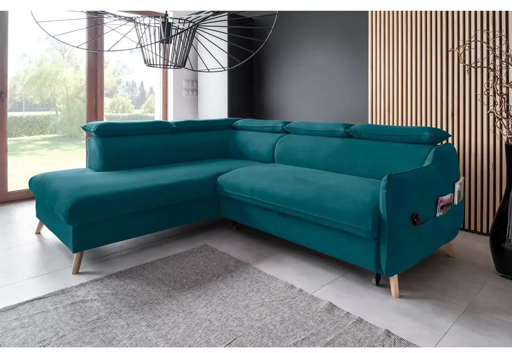 Türkiz bársony kinyitható sarokkanapé (bal oldali) Sweet Harmony – Miuform