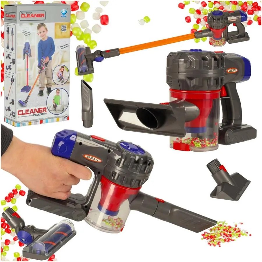 3 az 1-ben gyerek porszívó cserélhető fejekkel – 78,5 cm, valódi szívóerő, 250 felszívható habgolyóval