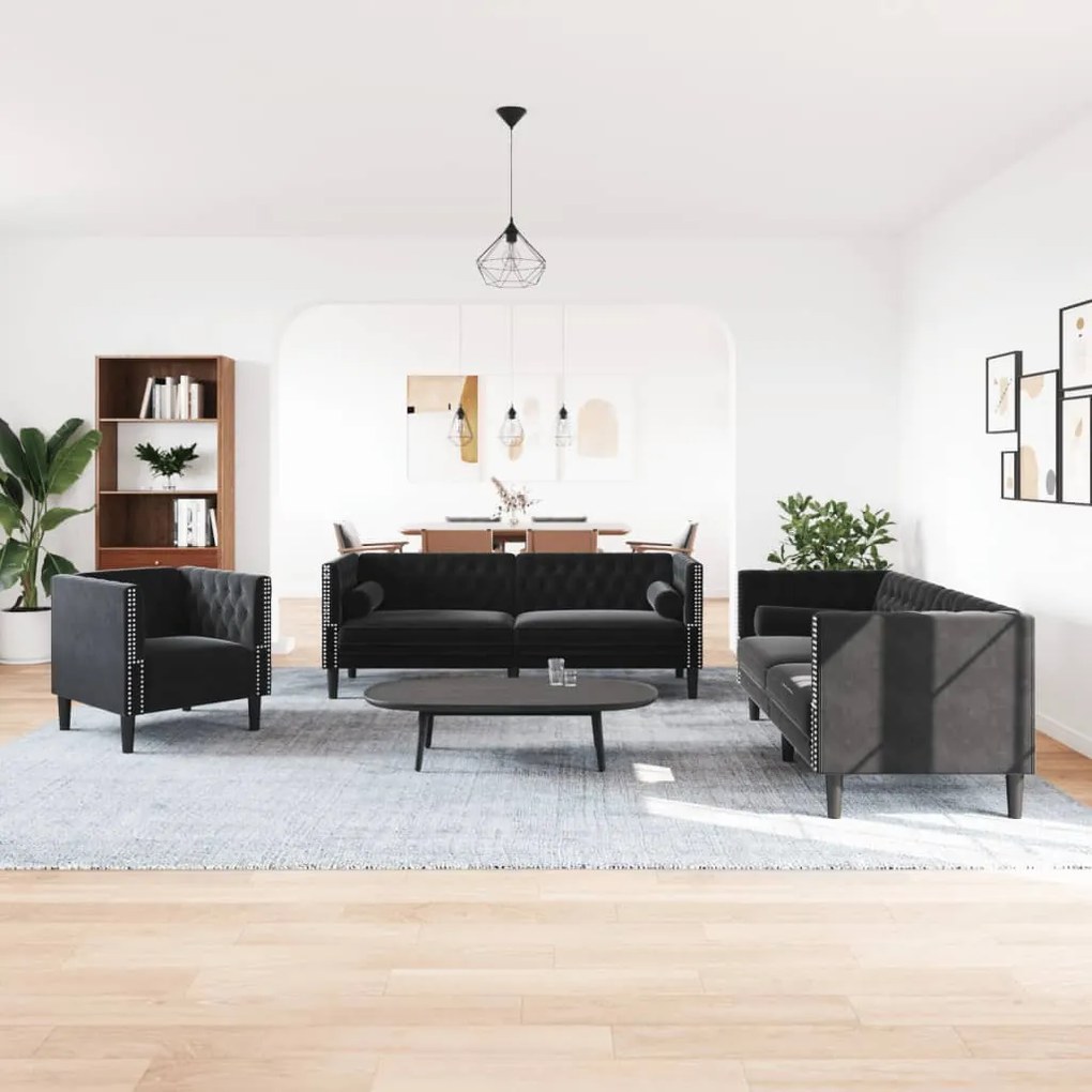 3 részes fekete bársony Chesterfield kanapészett párnákkal