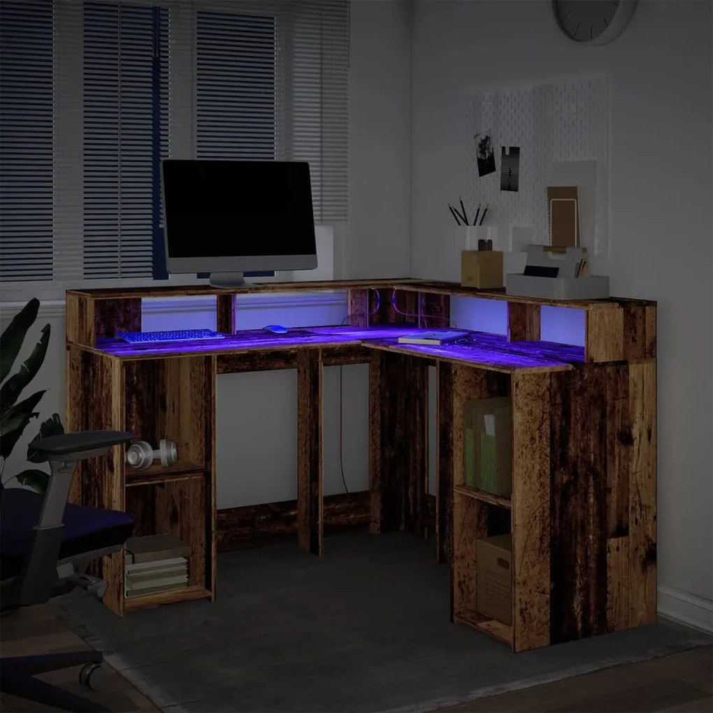 antik fa színű szerelt fa íróasztal LED-ekkel 130 x 130 x 91 cm