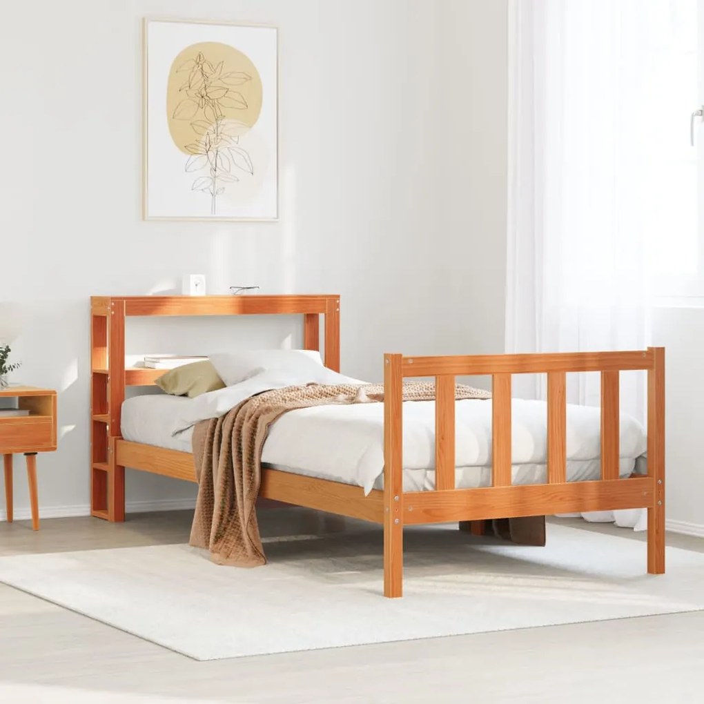 viaszbarna tömör fenyőfa ágykeret fejtámlával 90 x 200 cm