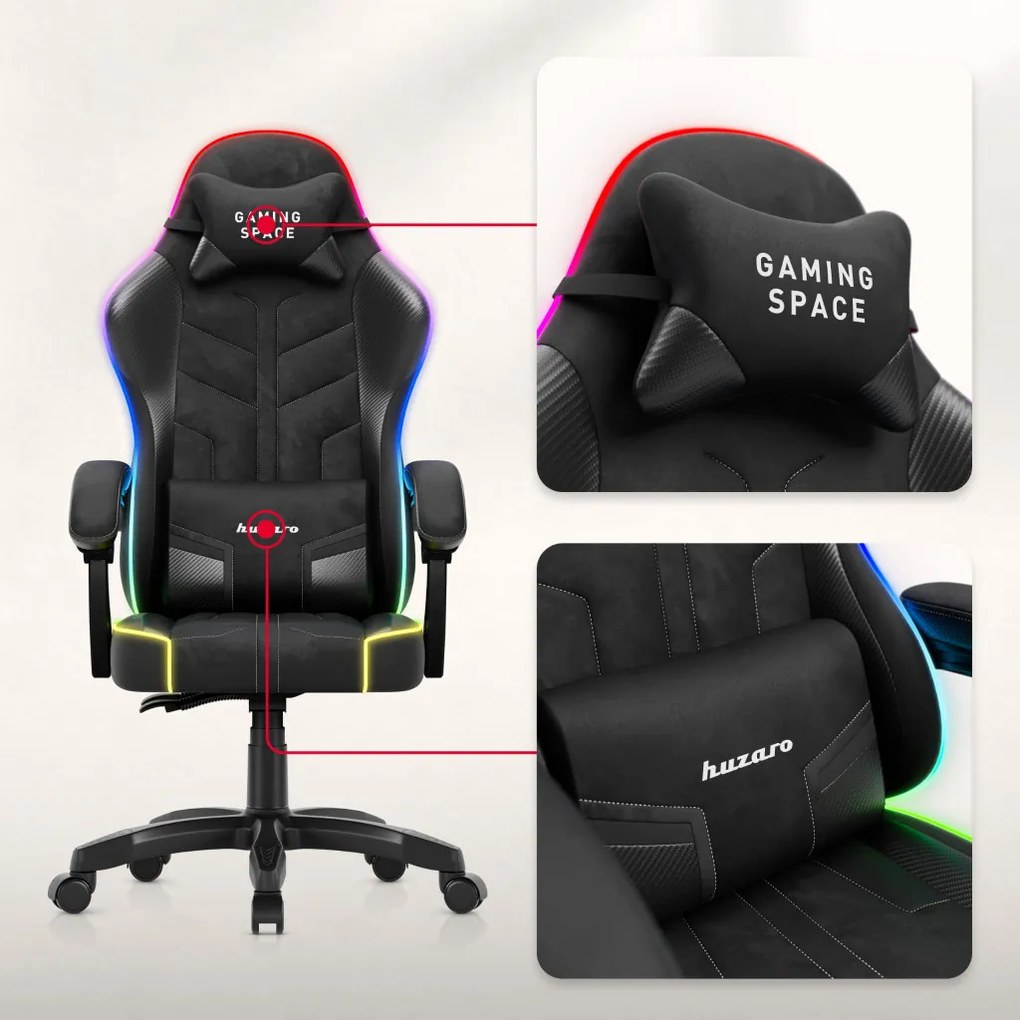 Gamer szék, forgó, ergonómikus, RGB világítással, fekete