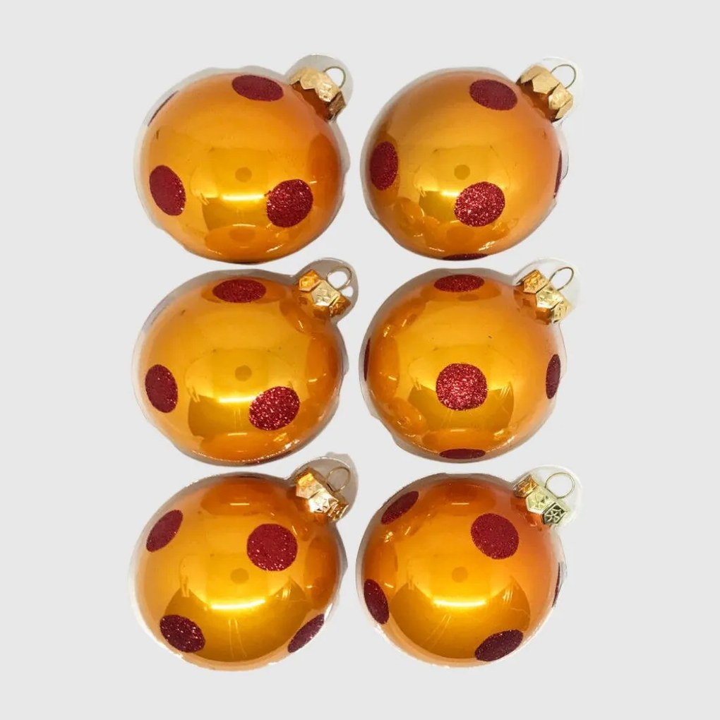 Narancssárga-piros pöttyös kézzel festett karácsonyi üveggömb szett 8 cm 6 db