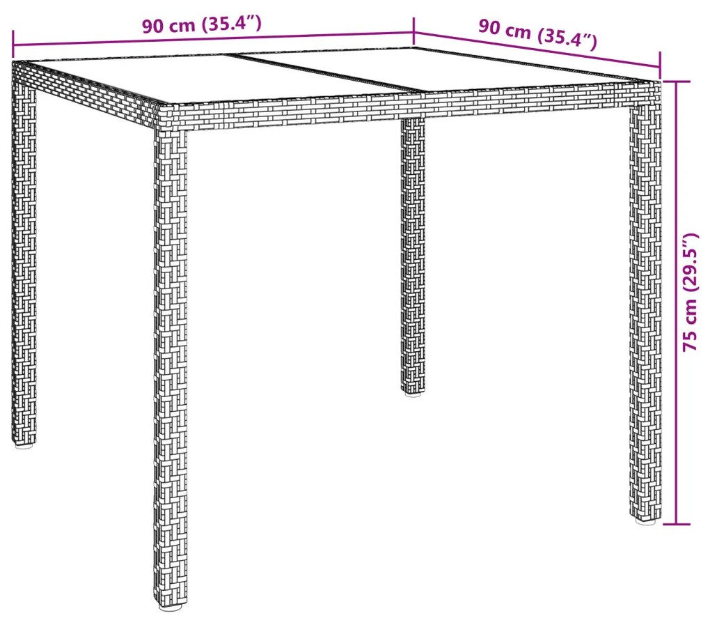 Kert étkezőasztal barna 90x90x75 cm polirattan