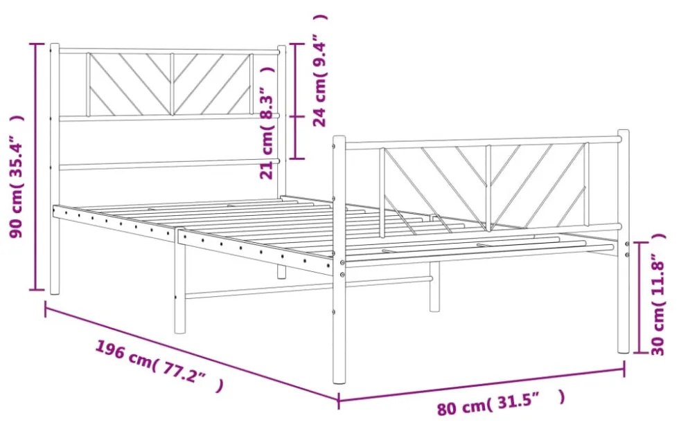 fehér fém ágykeret fej- és lábtámlával 75 x 190 cm