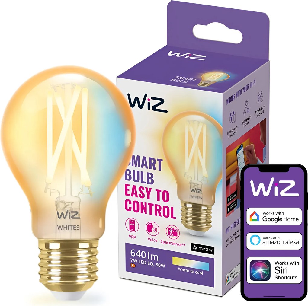 Led izzó E27 A60 7W 50W Filament Borostyán Smart WiFi Alkalmazás WiZ