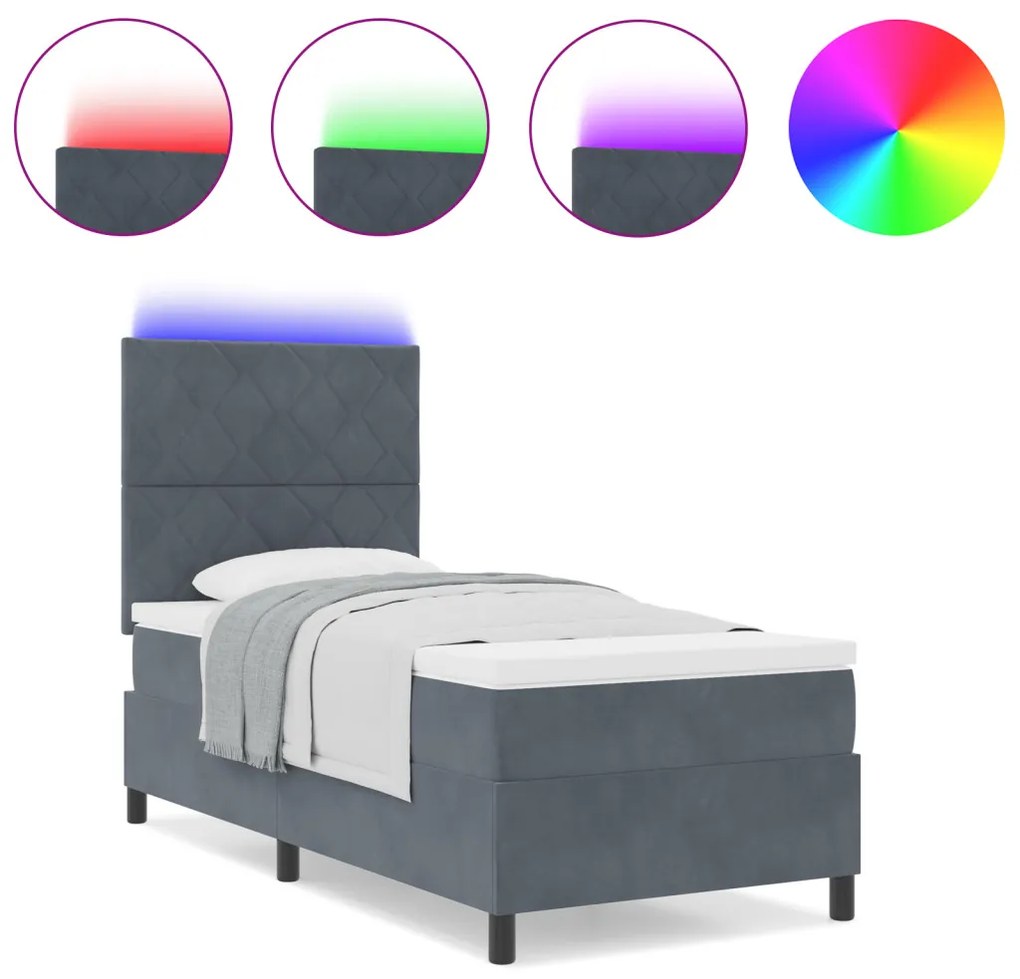 Boxspring Ágy Matraccal és LED-del Sötétszürke 90x200 cm Bársonyos