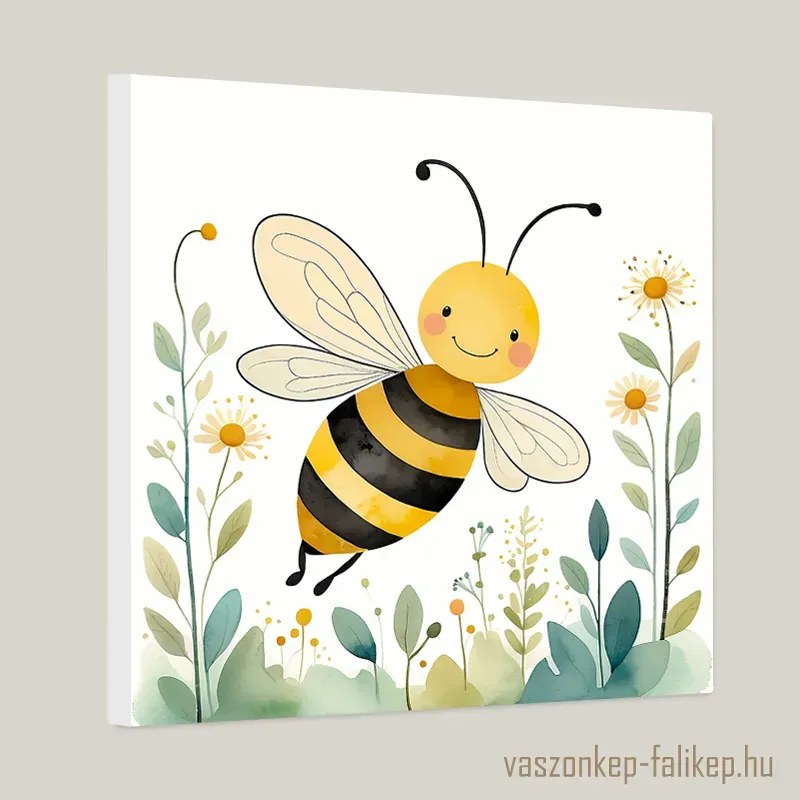 Vidám méhecske a virágok között illusztráció akvarell – gyerekszoba hangulat 40x40cm